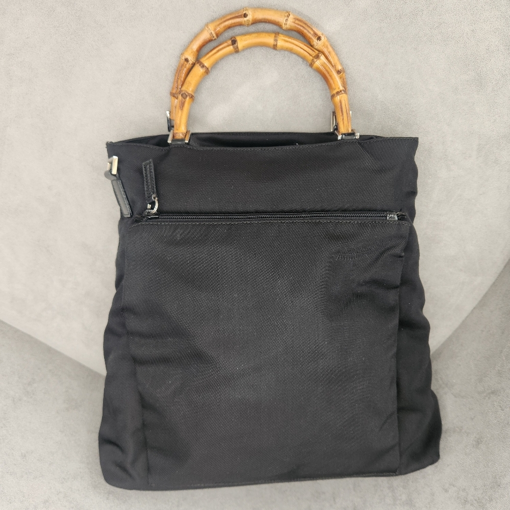 Vintage Gucci Tote Bag Bamboo Handles Black Nylon Luxury Designer Made Italy